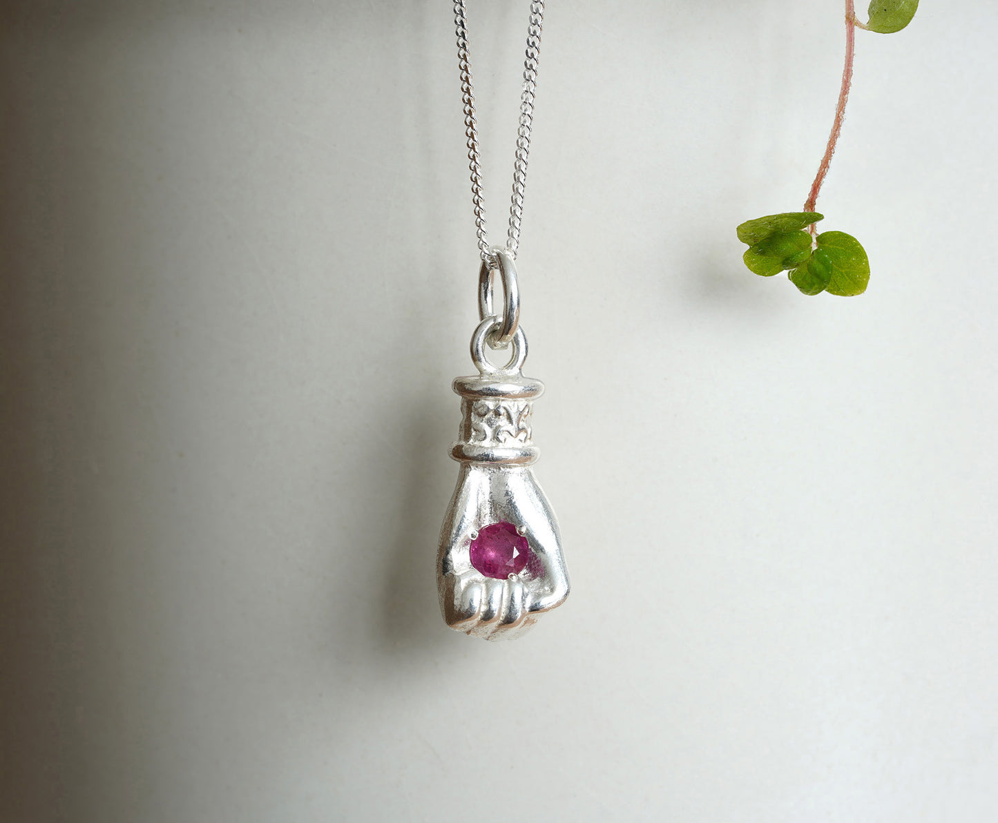 Solid Yellow Gold or Solid Sterling Silver Hand Pendant with Ruby