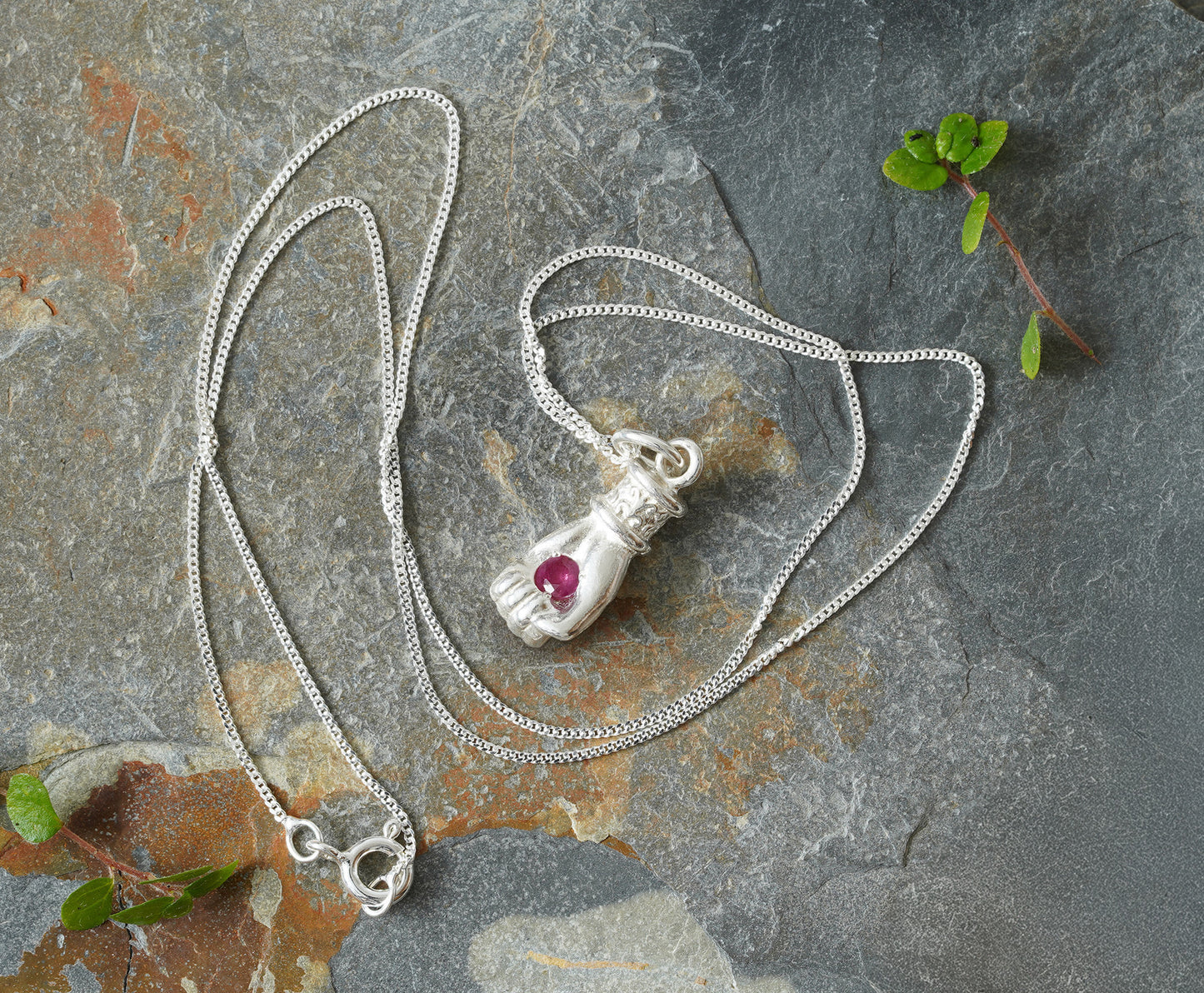 Solid Yellow Gold or Solid Sterling Silver Hand Pendant with Ruby