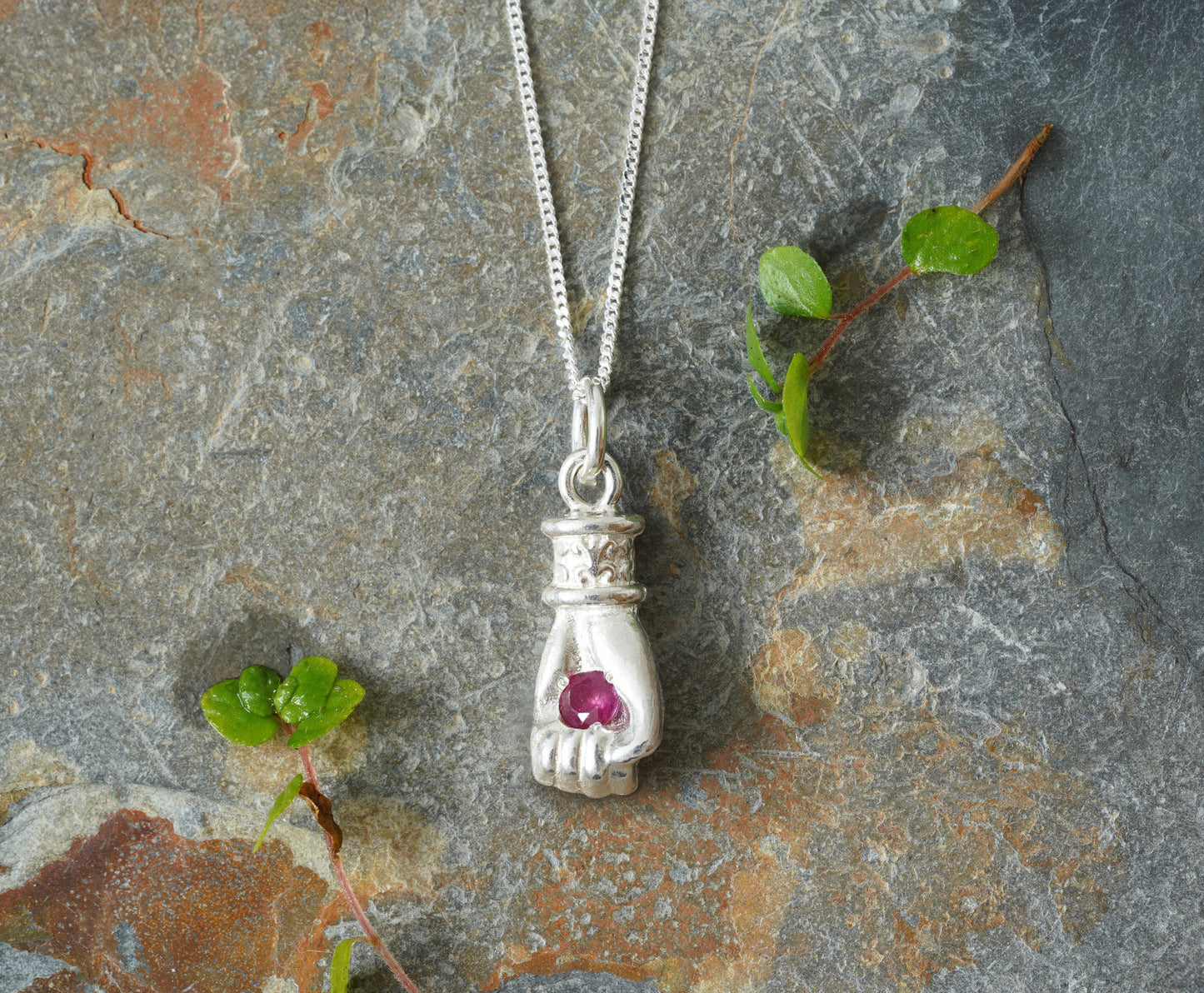 Solid Yellow Gold or Solid Sterling Silver Hand Pendant with Ruby