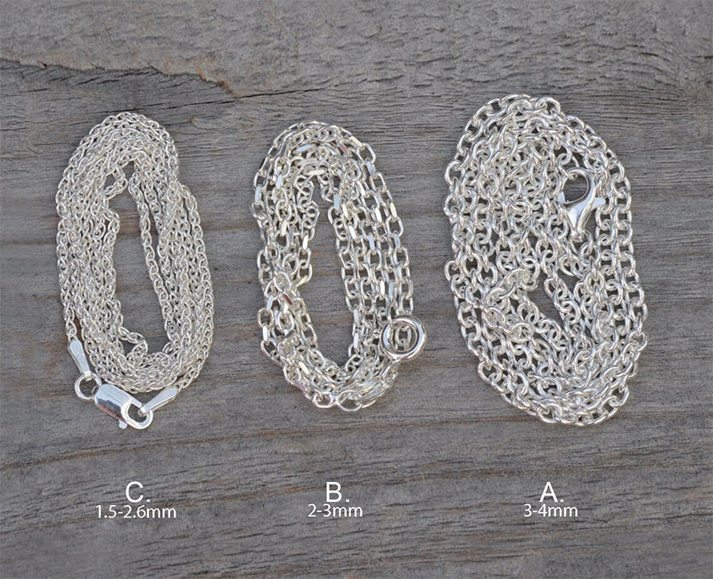 Solid Sterling Silver Chain; Cable, Diamond Cut Belcher, Spiga, Figaro, Special Trace, Omega