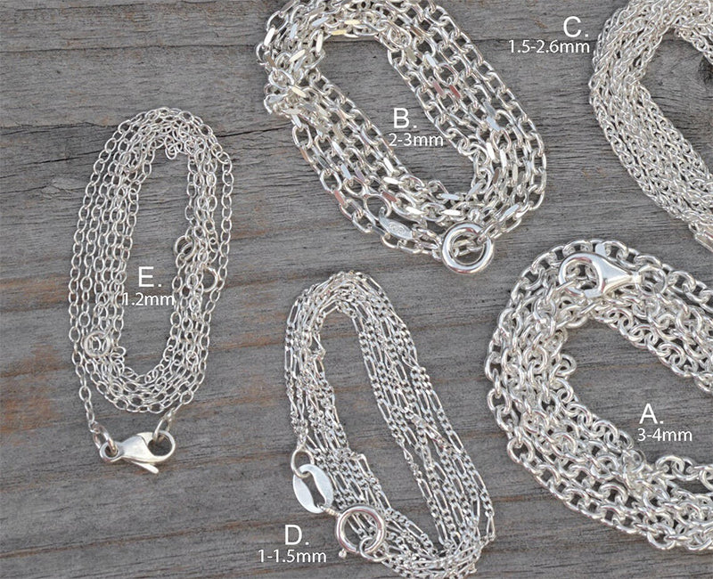 Solid Sterling Silver Chain; Cable, Diamond Cut Belcher, Spiga, Figaro, Special Trace, Omega