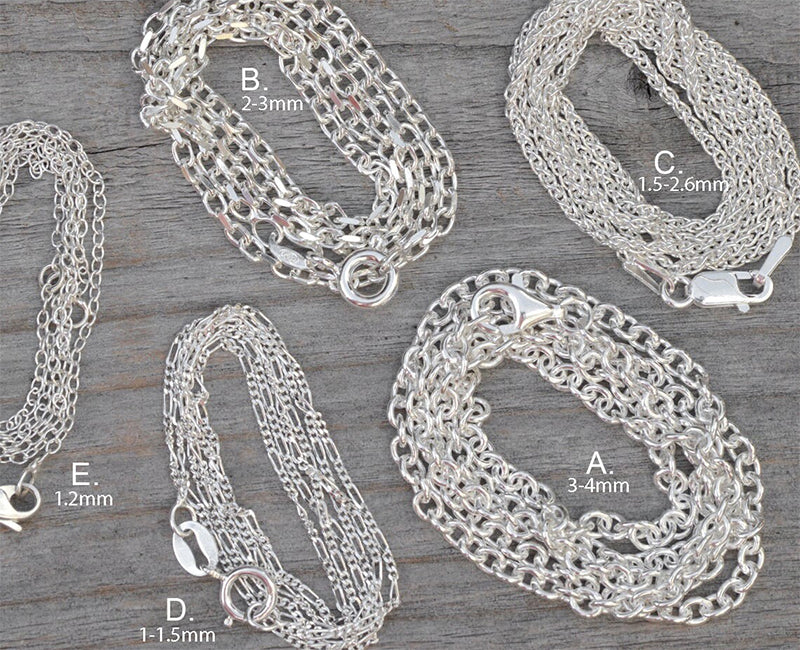 Solid Sterling Silver Chain; Cable, Diamond Cut Belcher, Spiga, Figaro, Special Trace, Omega