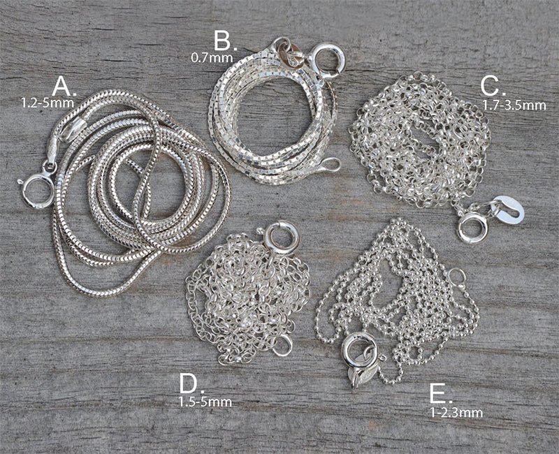 Solid Sterling Silver Chain; Snake, Box, Belcher, Diamond Cut Belcher, and Ball