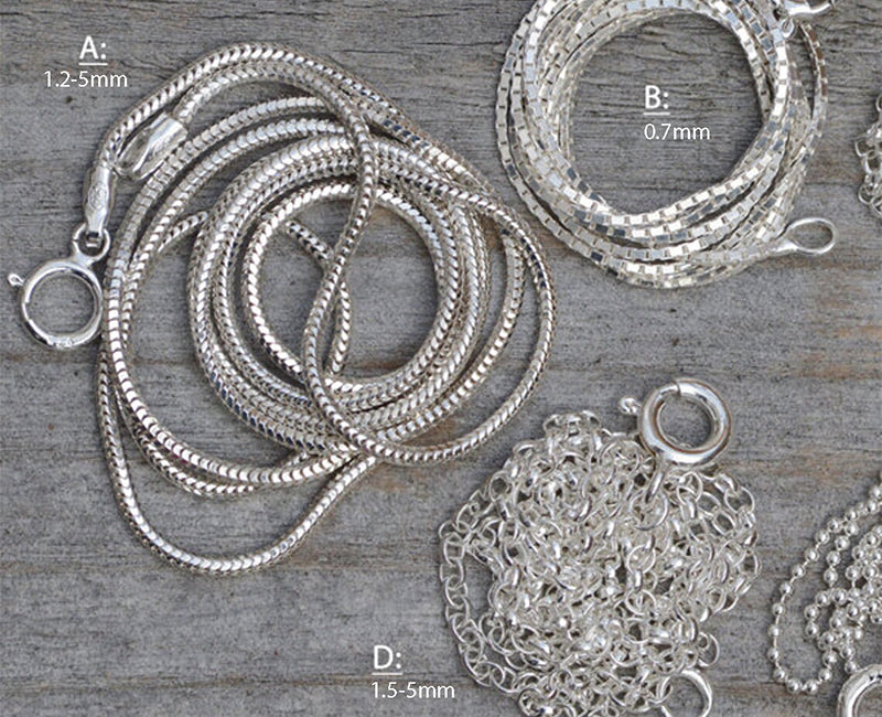 Solid Sterling Silver Chain; Snake, Box, Belcher, Diamond Cut Belcher, and Ball