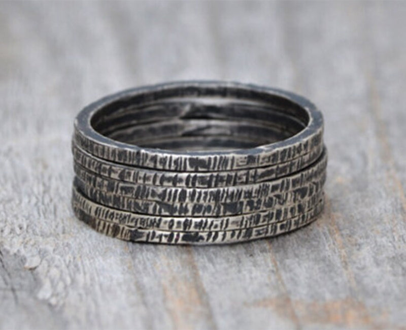 Textured Black or Bright Silver Rings, Stackable Silver Ring