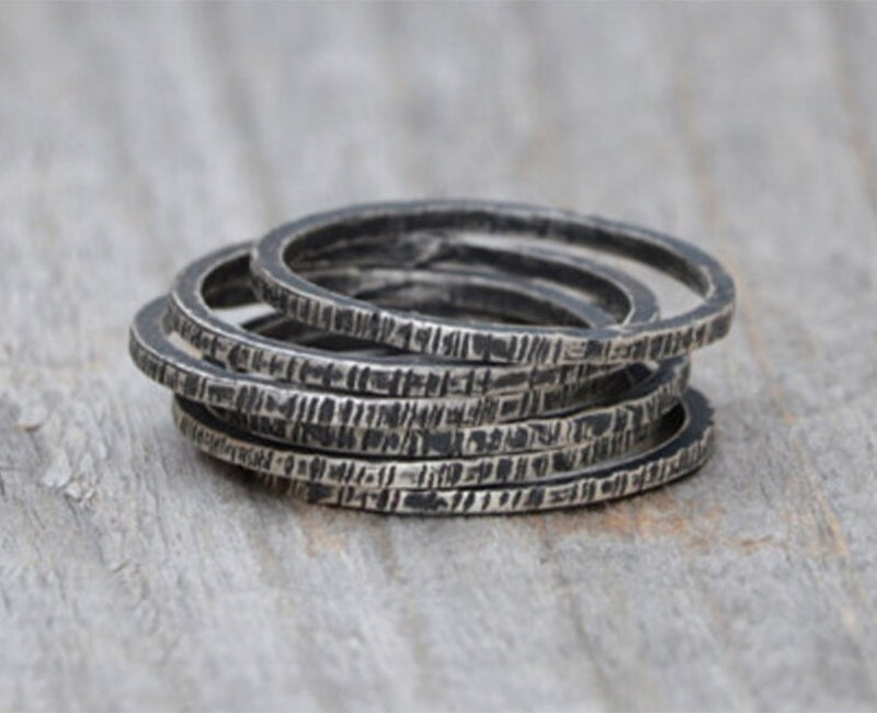 Textured Black or Bright Silver Rings, Stackable Silver Ring
