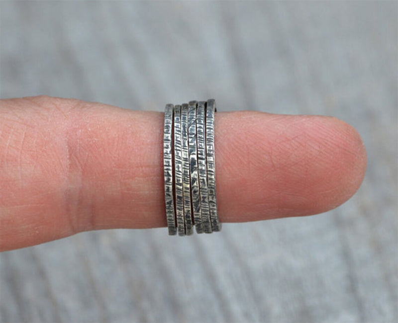 Textured Black or Bright Silver Rings, Stackable Silver Ring