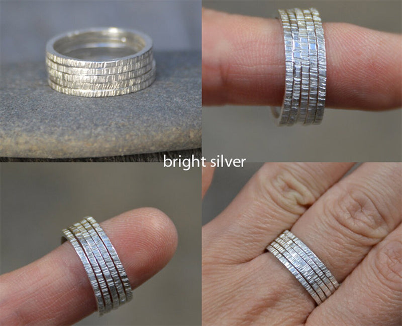 Textured Black or Bright Silver Rings, Stackable Silver Ring