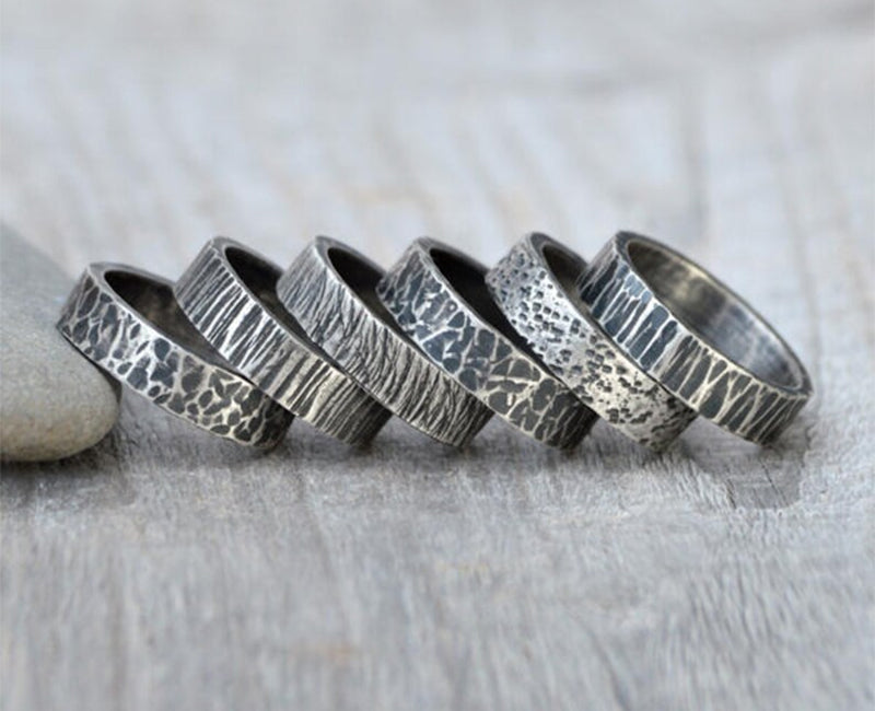 Textured Wedding Band in Black Silver, Rustic 5.5mm Wedding Ring