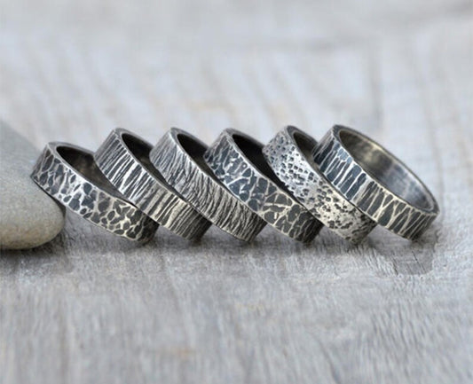 Textured Wedding Band in Black Silver, Rustic 5.5mm Wedding Ring