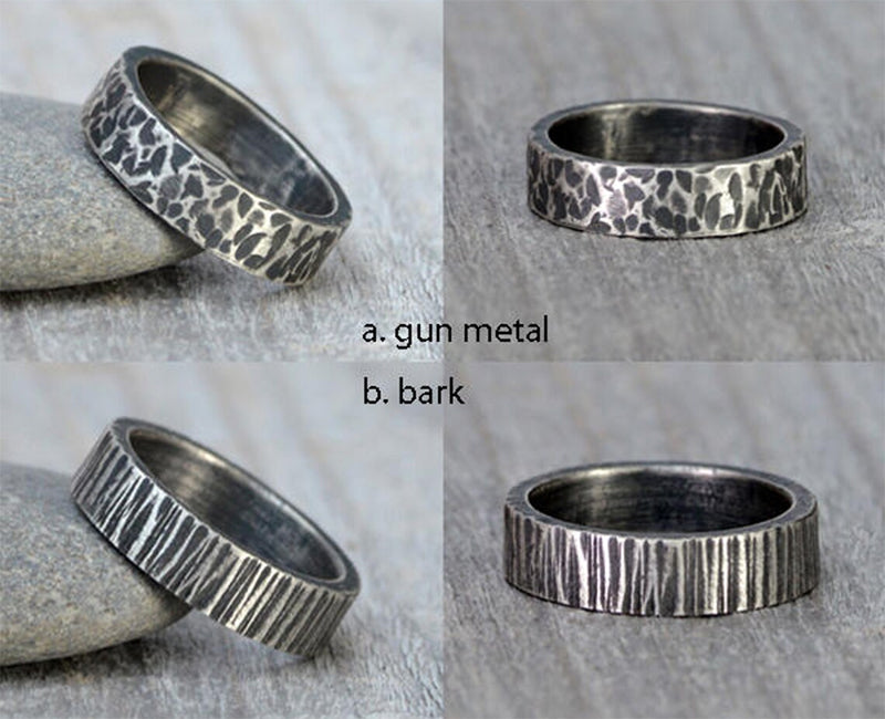 Textured Wedding Band in Black Silver, Rustic 5.5mm Wedding Ring