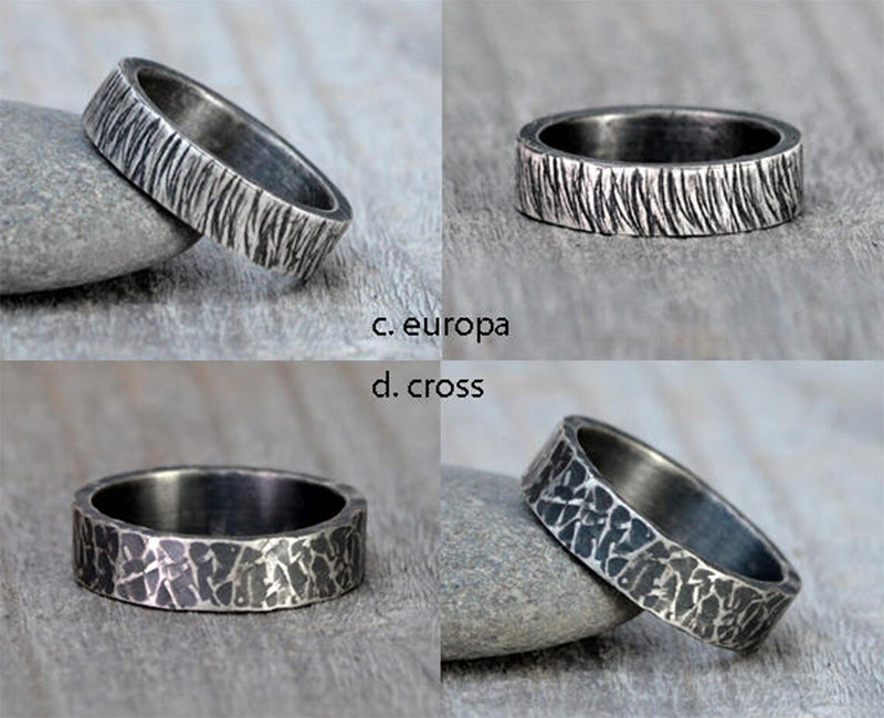 Textured Wedding Band in Black Silver, Rustic 5.5mm Wedding Ring
