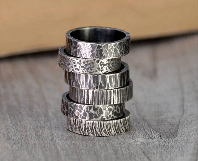 Textured Wedding Band in Black Silver, Rustic 5.5mm Wedding Ring
