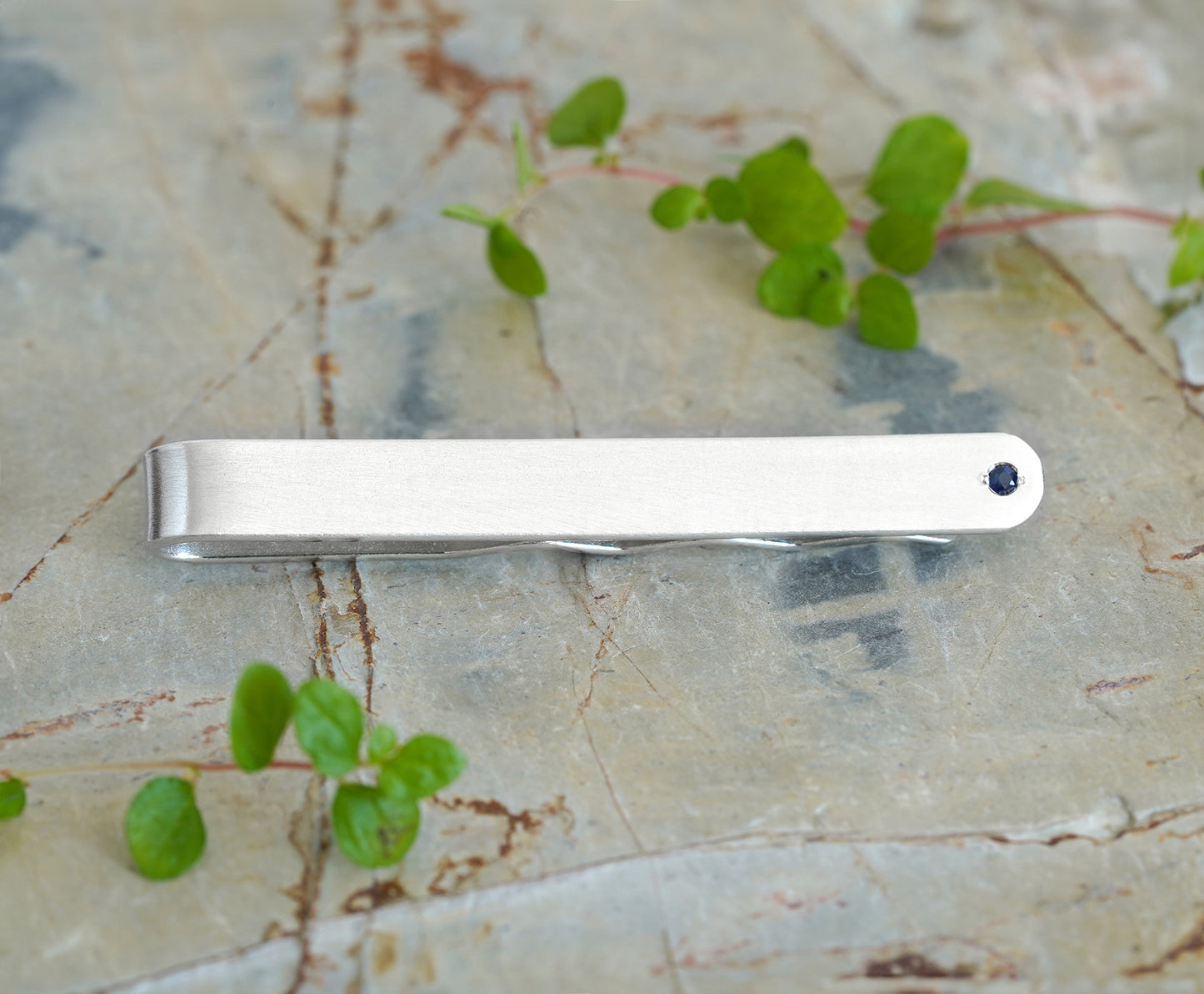 Sterling Silver Tie Slide with Blue Sapphire