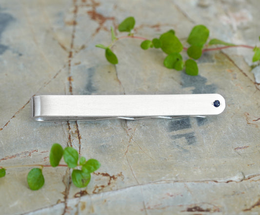 Sterling Silver Tie Slide with Blue Sapphire
