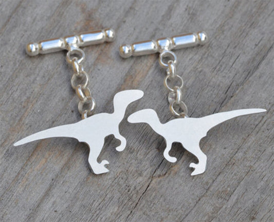 Velociraptor Cufflinks in Sterling Silver, Personalized Dinosaur Cufflinks