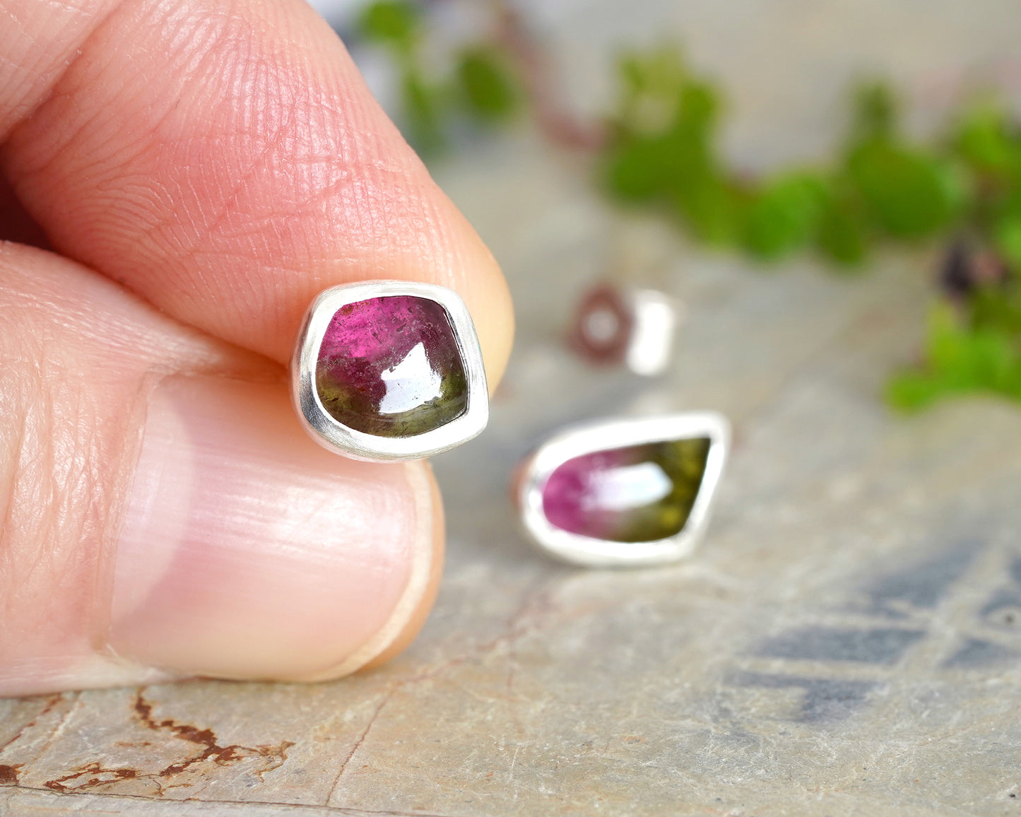Watermelon Tourmaline Stud Earrings in Sterling Silver