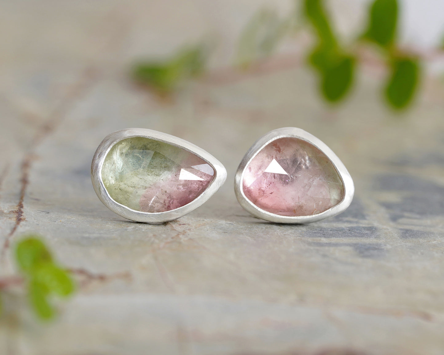 Natural Watermelon Tourmaline Stud Earrings in Sterling Silver