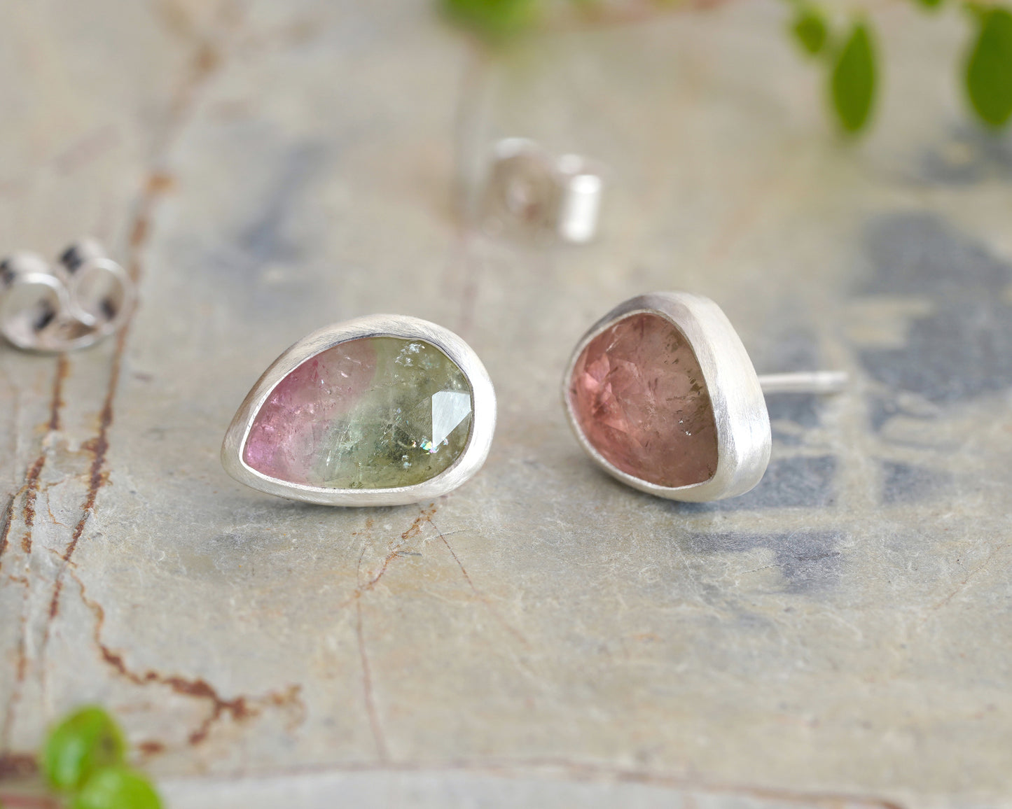 Natural Watermelon Tourmaline Stud Earrings in Sterling Silver