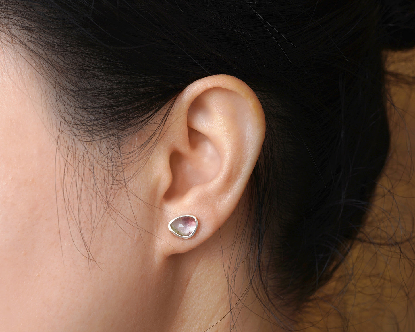 Natural Watermelon Tourmaline Stud Earrings in Sterling Silver