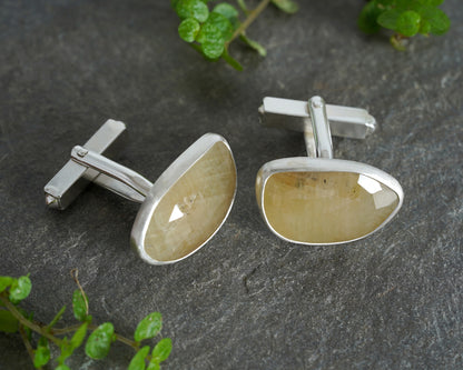 Natural Yellow Sapphire Cufflinks in Solid Silver