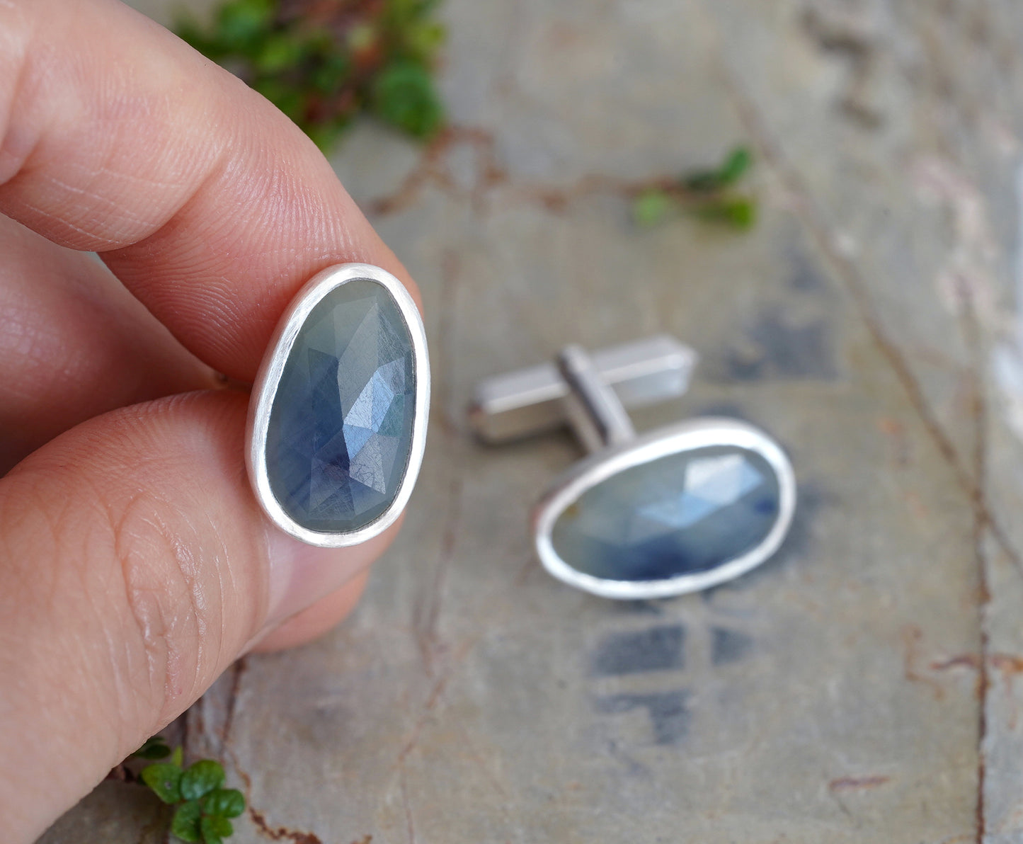 9.9ct Sapphire Cufflinks in Solid Silver, One of a kind Gemstone Cufflinks
