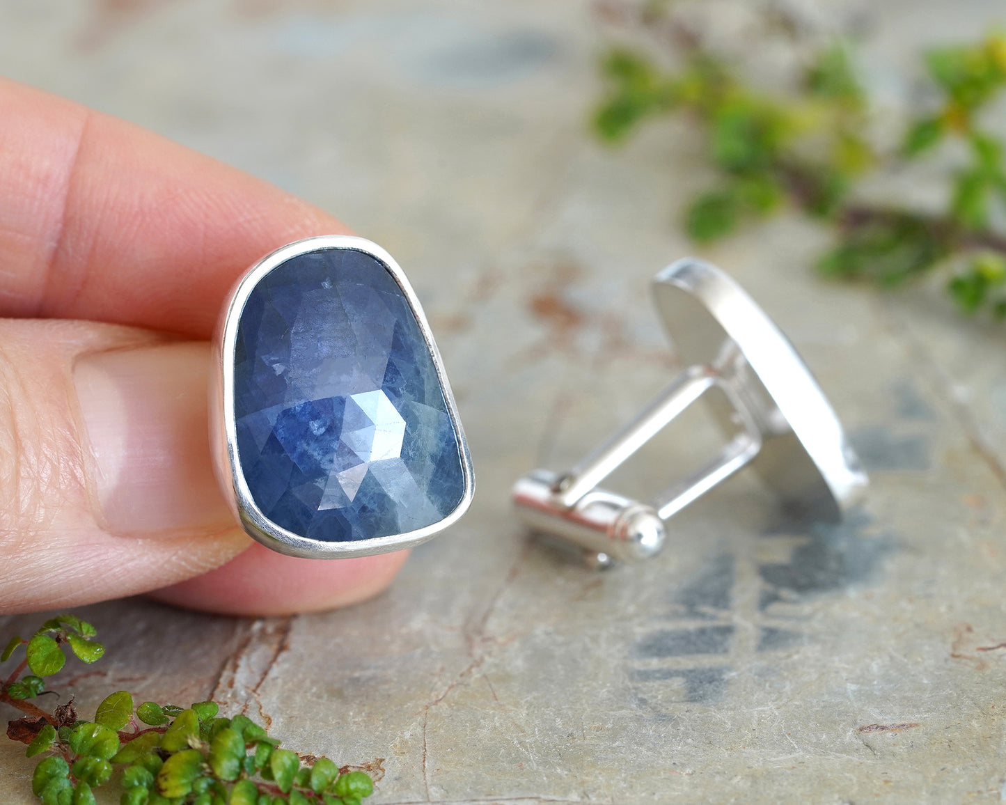 Natural Sapphire Cufflinks in Solid Silver