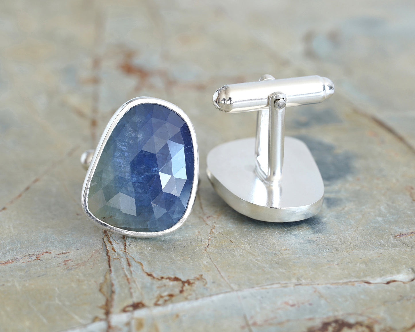 Natural Sapphire Cufflinks in Solid Silver