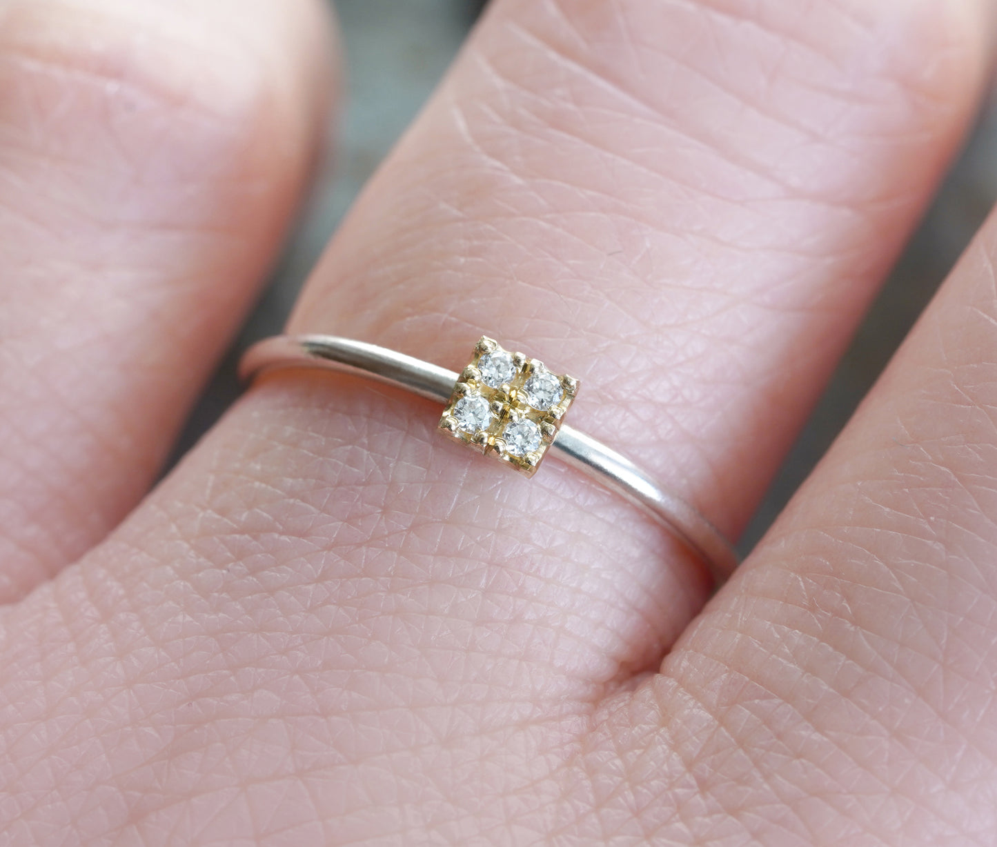 4 Diamonds Engagement Ring, Pave Diamond Engagement Ring, Square Diamond Ring, Mixed Metal Diamond Ring