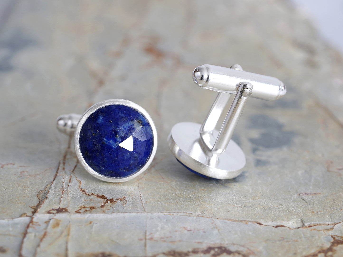 Round Lapis Lazuli Cufflinks in Sterling Silver