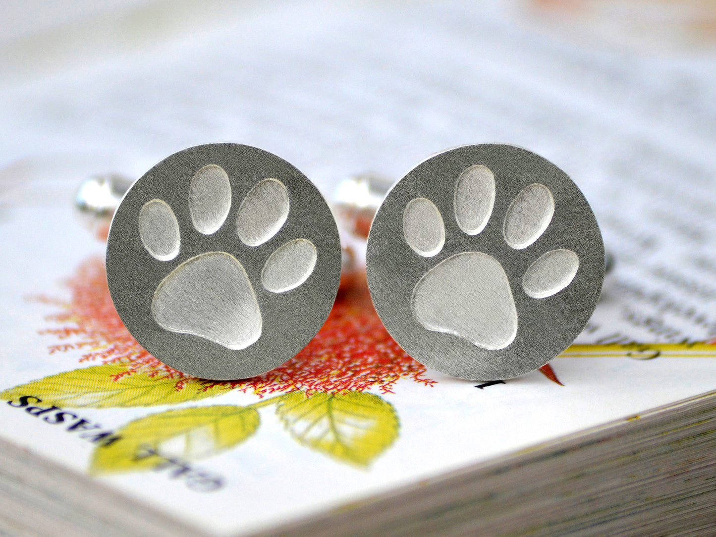 White Paw Print Cufflinks in Sterling Silver, Personalized Cufflinks