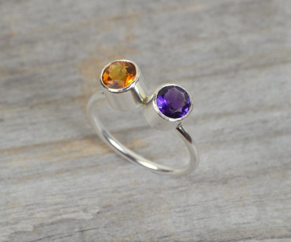 Duo Birthstone Ring, Amethyst and Citrine Ring in Sterling Silver, UK size J 1/2 (US size 5)