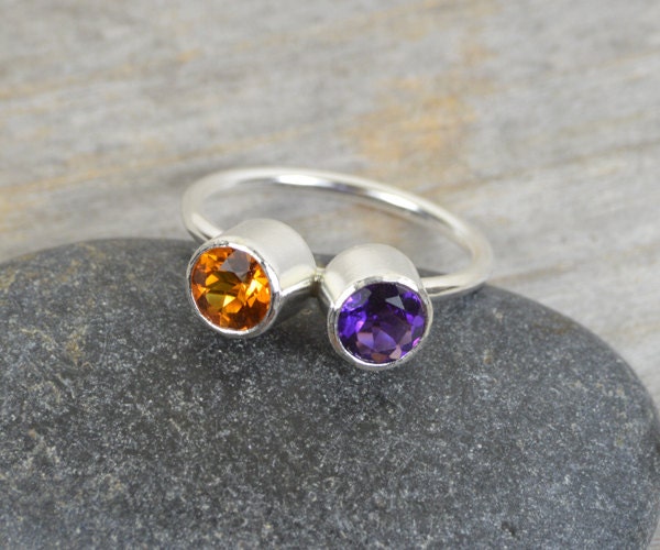 Duo Birthstone Ring, Amethyst and Citrine Ring in Sterling Silver, UK size J 1/2 (US size 5)