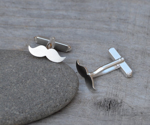 Moustache Cufflinks in Sterling Silver, Personalized Moustache Cufflinks, Silver Moustache Cufflinks