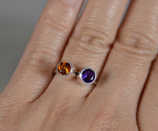 Duo Birthstone Ring, Amethyst and Citrine Ring in Sterling Silver, UK size J 1/2 (US size 5)