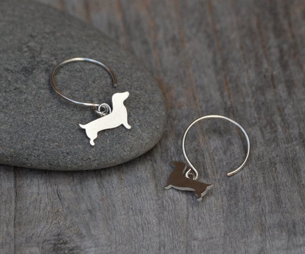 Dachshund Earrings in Sterling Silver, Sausage Dog Dangle Earrings