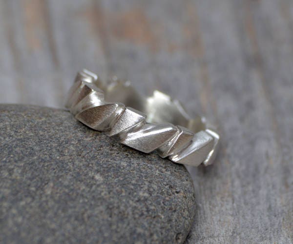 Hand Carved Silver Ring, 4.5mm Wide Unique Silver Ring