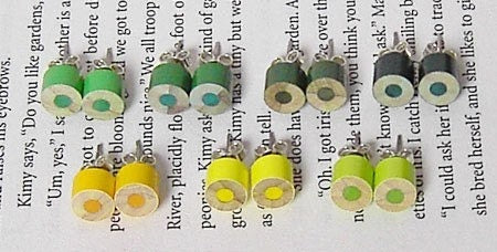 Colour Pencil Stud Earrings, Yellow Pencil Ear Posts, Green Pencil Stud Earrings, Wooden Pencil Ear Studs