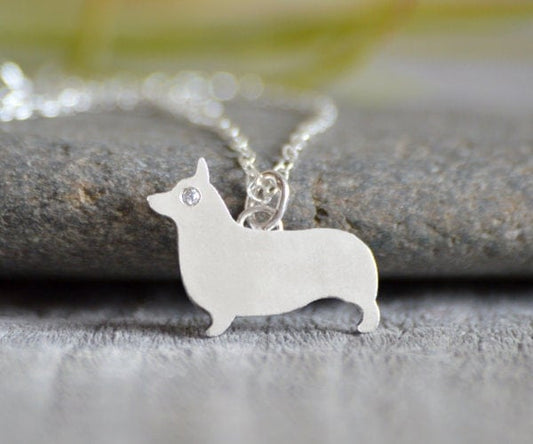 Corgi Necklace with Diamond Eye, Silver Corgi Necklace, Diamond Corgi Necklace