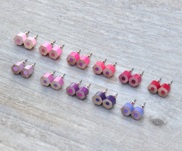 Colour Pencil Stud Earrings, Pink Stud Earrings, Purple Stud Earrings, Hexagon Pencil Ear Post
