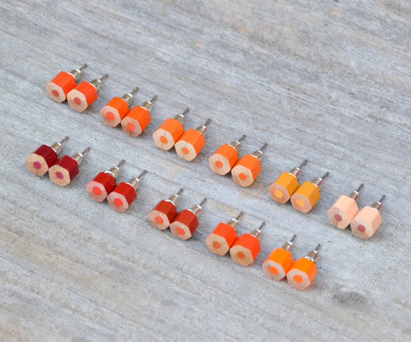 Colour Pencil Stud Earrings, Orange Stud Earrings, Hexagon Pencil Ear Post, Wooden Ear Posts