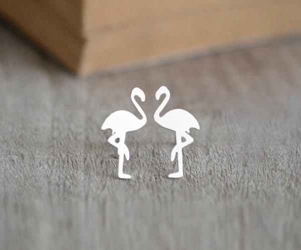 Flamingo Stud Earrings in Silver, Silver Flamingo Ear Posts