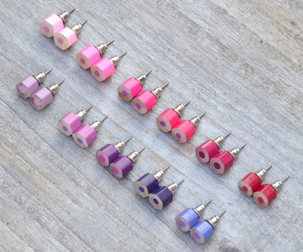 Colour Pencil Stud Earrings, Pink Stud Earrings, Purple Stud Earrings, Hexagon Pencil Ear Post