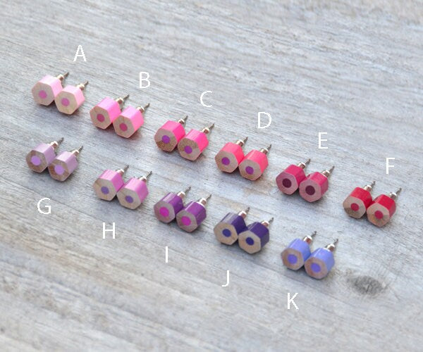Colour Pencil Stud Earrings, Pink Stud Earrings, Purple Stud Earrings, Hexagon Pencil Ear Post