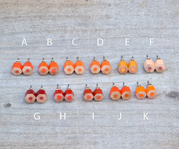 Colour Pencil Stud Earrings, Orange Stud Earrings, Hexagon Pencil Ear Post, Wooden Ear Posts