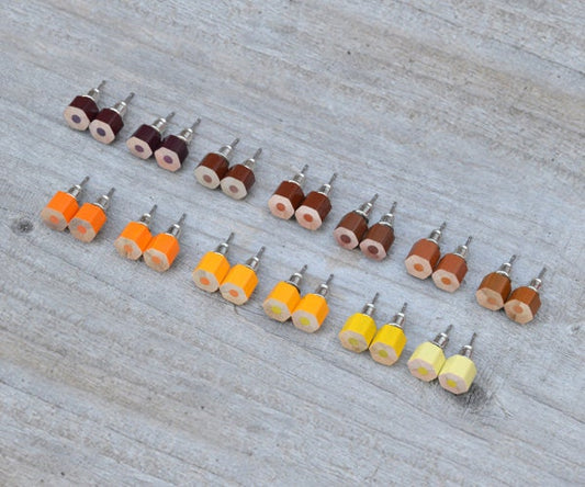 Autumn Colour Pencil Stud Earrings, Yellow Colour Pencil Ear Studs, Orange Stud Earrings, Brown Pencil Stud Earrings
