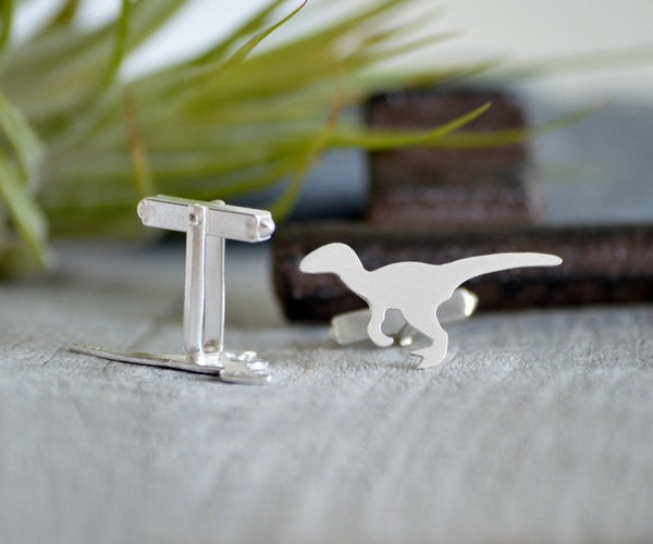Velociraptor Cufflinks in Sterling Silver, Personalized Dinosaur Cufflinks