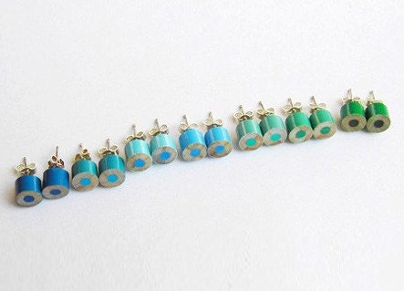Colour Pencil Stud Earrings, Green Pencil Ear Posts, Blue Pencil Earring