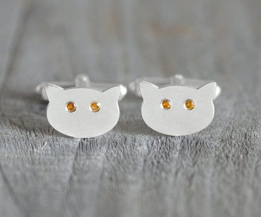 Cat Cufflinks with Citrine Eyes, Cat Lover Cufflinks