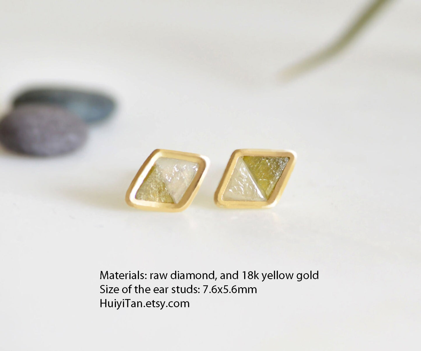 Art Deco Rough Diamond Stud Earrings in 18k Yellow Gold, Rustic Diamond Ear Posts
